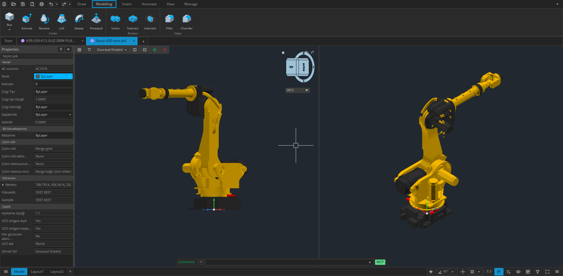 A 3D mechanical model in two Open CAD Studio viewports